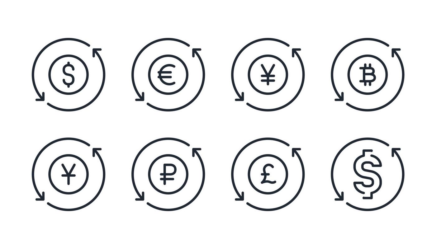 Money and currency exchange editable stroke outline icons set isolated on white background flat vector illustration. Pixel perfect. 64 x 64.