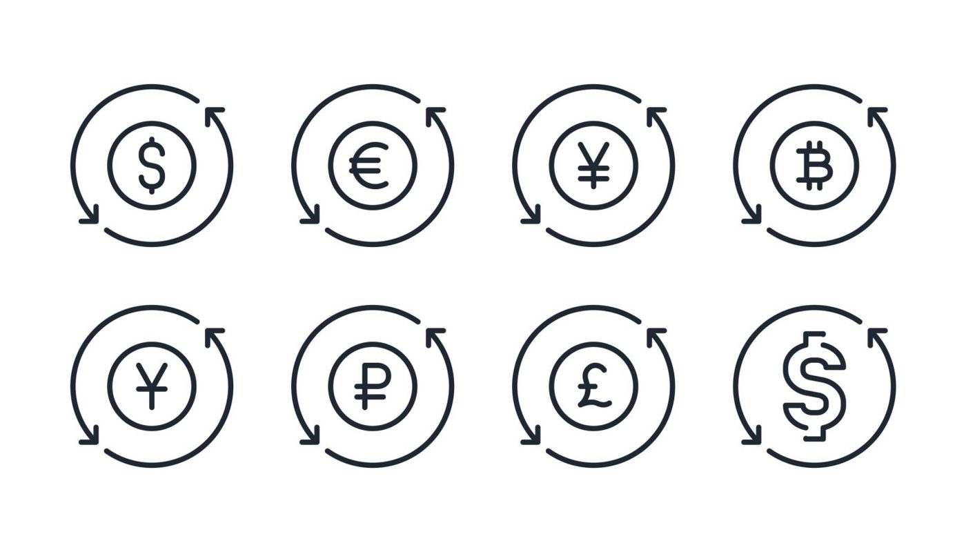 Money and currency exchange editable stroke outline icons set isolated on white background flat vector illustration. Pixel perfect. 64 x 64.